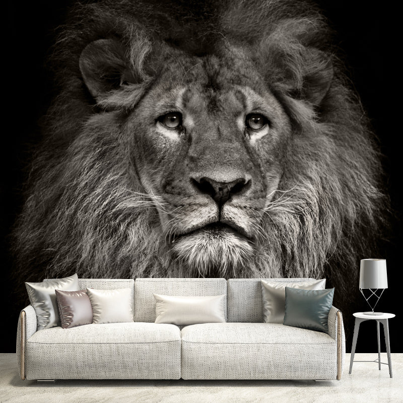 Photo Printed Lion Head Mural Wallpaper for Accent Wall, Black, Personalized Size Black Clearhalo 'Wall Decor' 'Wall Mural' 1508580