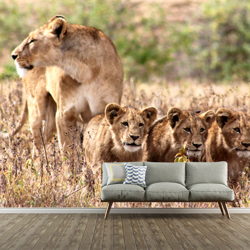 Lion and Its Child Mural Wallpaper Brown Modern Style Wall Decor for Family Room Brown Clearhalo 'Wall Decor' 'Wall Mural' 1508585