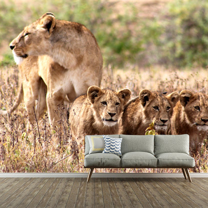 Lion and Its Child Mural Wallpaper Brown Modern Style Wall Decor for Family Room Brown Clearhalo 'Wall Decor' 'Wall Mural' 1508585