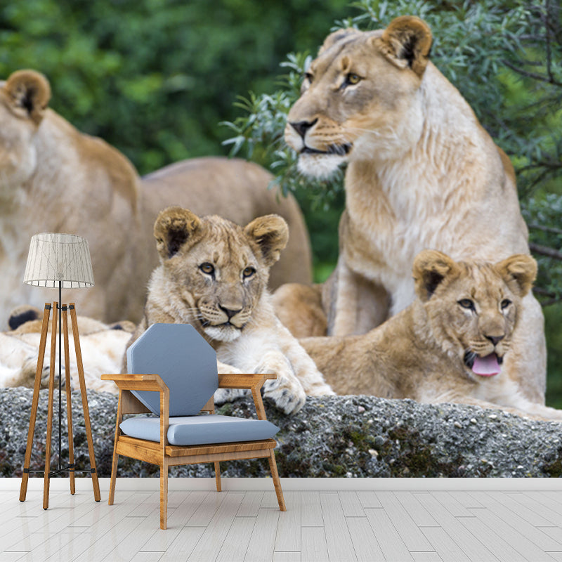 Contemporary Lion Family Wallpaper Mural for Bedroom Custom Wall Decoration in Brown Clearhalo 'Wall Decor' 'Wall Mural' 1508602