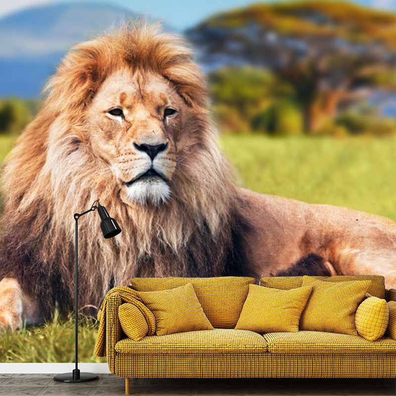 Modern Lion Wall Mural Decal Brown-Green African Savannas Wall Art for Living Room Brown Clearhalo 'Wall Decor' 'Wall Mural' 1508605