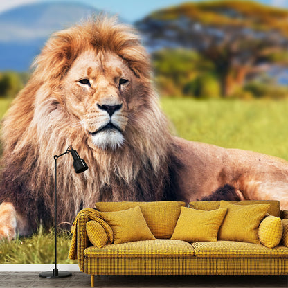 Modern Lion Wall Mural Decal Brown-Green African Savannas Wall Art for Living Room Brown Clearhalo 'Wall Decor' 'Wall Mural' 1508605