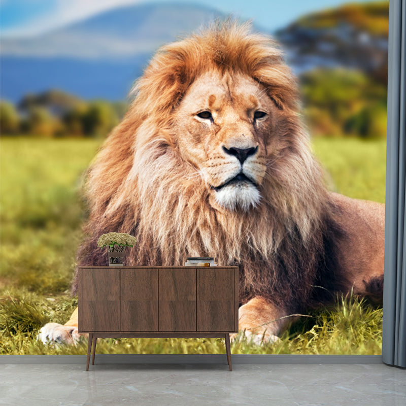 Modern Lion Wall Mural Decal Brown-Green African Savannas Wall Art for Living Room Clearhalo 'Wall Decor' 'Wall Mural' 1508606