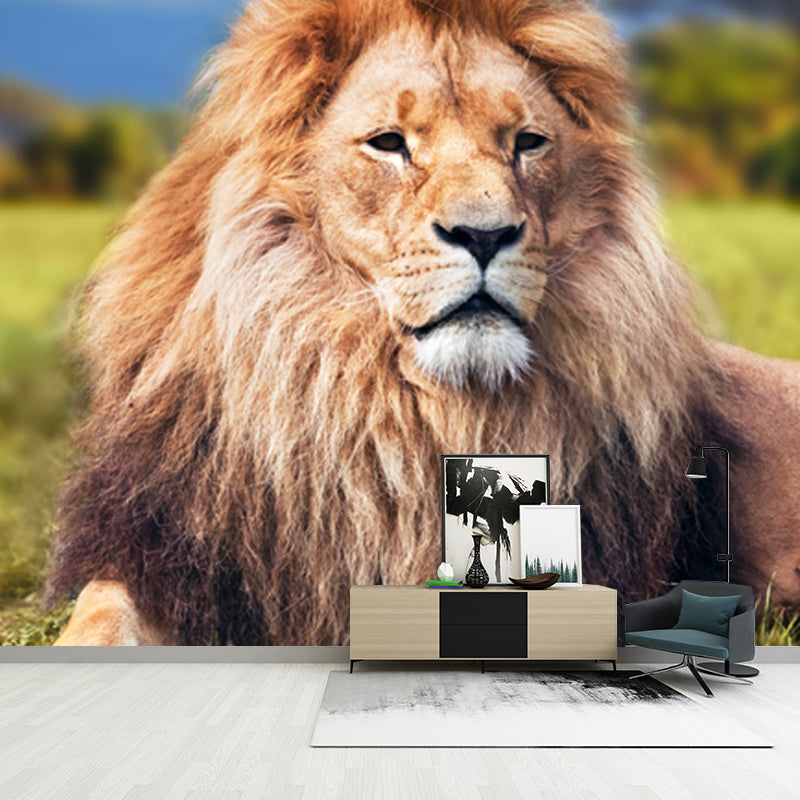 Modern Lion Wall Mural Decal Brown-Green African Savannas Wall Art for Living Room Clearhalo 'Wall Decor' 'Wall Mural' 1508607