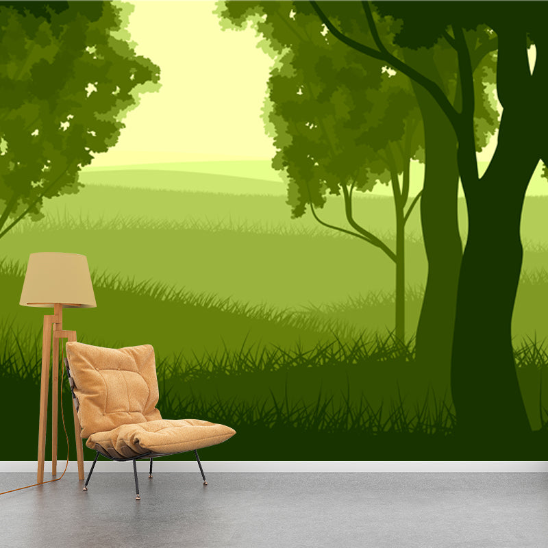 Modern Meadow and Forest Mural for Bedroom Custom Size Wall Art in Green, Non-Woven Green Clearhalo 'Wall Decor' 'Wall Mural' 1508630