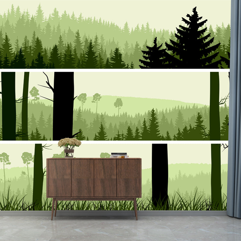 Illustration Forest Mural Wallpaper Large Wall Decoration for Bedroom, Custom-Print Light Green Clearhalo 'Wall Decor' 'Wall Mural' 1508635