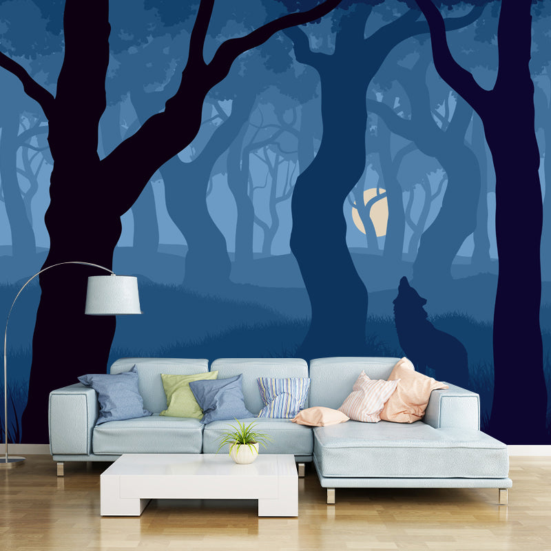 Blue Modern Mural Wallpaper Large Wolf Howling in Night Foggy Forest Wall Decor for Home Blue Clearhalo 'Wall Decor' 'Wall Mural' 1508655