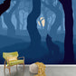 Blue Modern Mural Wallpaper Large Wolf Howling in Night Foggy Forest Wall Decor for Home Clearhalo 'Wall Decor' 'Wall Mural' 1508656
