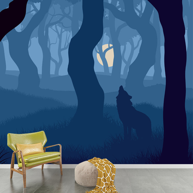 Blue Modern Mural Wallpaper Large Wolf Howling in Night Foggy Forest Wall Decor for Home Clearhalo 'Wall Decor' 'Wall Mural' 1508656