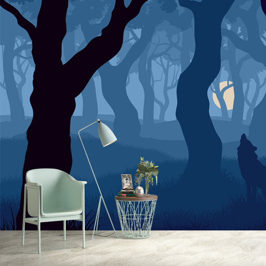 Blue Modern Mural Wallpaper Large Wolf Howling in Night Foggy Forest Wall Decor for Home Clearhalo 'Wall Decor' 'Wall Mural' 1508657