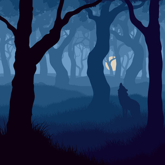 Blue Modern Mural Wallpaper Large Wolf Howling in Night Foggy Forest Wall Decor for Home Clearhalo 'Wall Decor' 'Wall Mural' 1508658