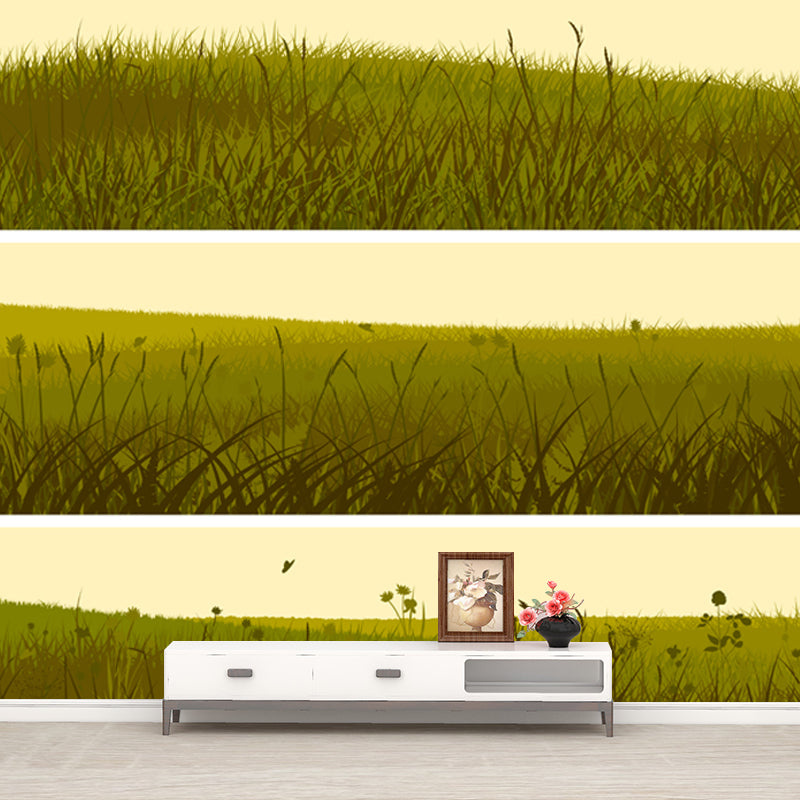Illustration Grassland Mural Decal for Living Room, Green, Custom Size Available Clearhalo 'Wall Decor' 'Wall Mural' 1508671