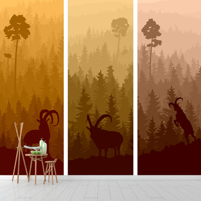 Goat and Sunset Landscape Mural Modern Water Resistant Bedroom Wall Decor, Custom Size Yellow Clearhalo 'Wall Decor' 'Wall Mural' 1508675