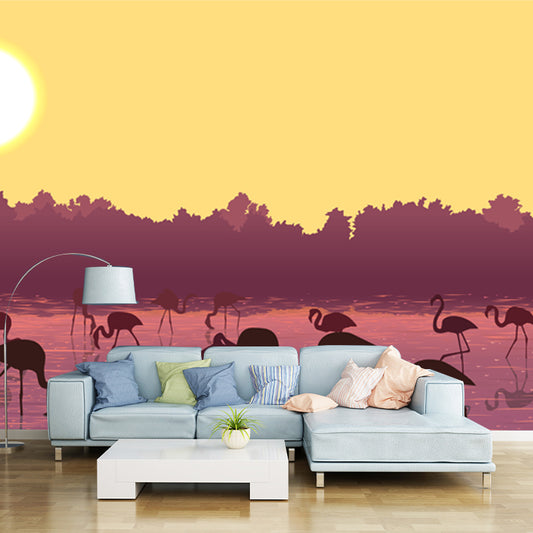 Yellow Modernist Mural Huge Flamingo Feeding under Super Moon Wall Covering for Home Clearhalo 'Wall Decor' 'Wall Mural' 1508687