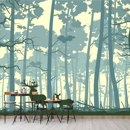 Nordic Forest Deer Silhouette Mural Blue Stain Resistant Wall Covering for Bedroom Blue Clearhalo 'Wall Decor' 'Wall Mural' 1508705
