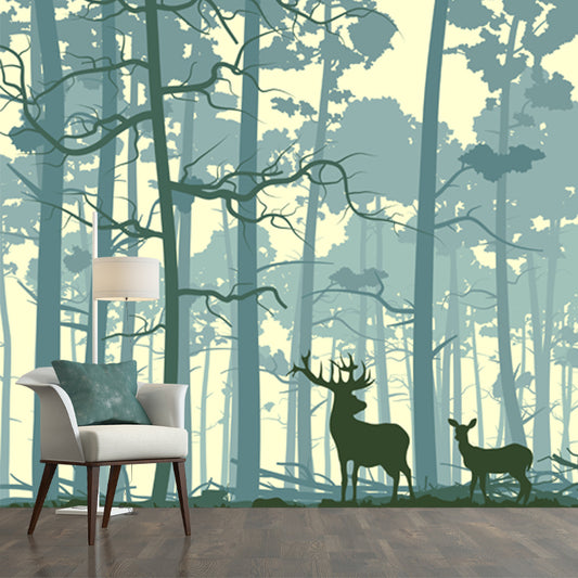 Nordic Forest Deer Silhouette Mural Blue Stain Resistant Wall Covering for Bedroom Clearhalo 'Wall Decor' 'Wall Mural' 1508706