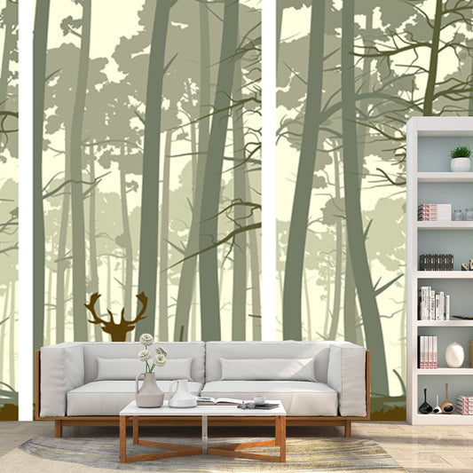 Contemporary Dusk Forest Deer Mural for Living Room Personalized Wall Art in Beige Clearhalo 'Wall Decor' 'Wall Mural' 1508712