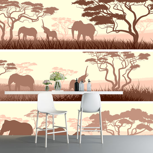 African Savanna Elephant Mural Wallpaper Tropical Non-Woven Wall Decor in Light Brown Clearhalo 'Wall Decor' 'Wall Mural' 1508717