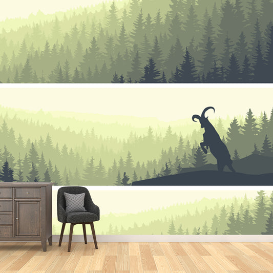 Big Modern Style Mural Light-Green Goat in Sunset Forest Scenery Wall Covering, Custom Size Clearhalo 'Wall Decor' 'Wall Mural' 1508722
