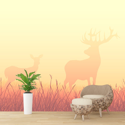 Deers in Foggy Meadow Mural Wallpaper Beige Nordic Wall Art for Living Room, Size Optional Beige Clearhalo 'Wall Decor' 'Wall Mural' 1508730
