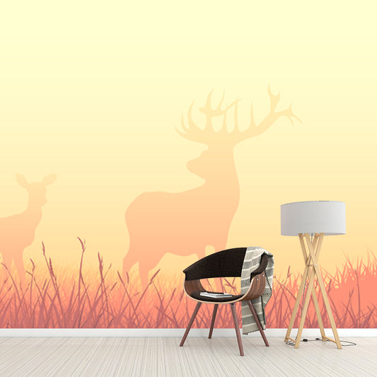 Deers in Foggy Meadow Mural Wallpaper Beige Nordic Wall Art for Living Room, Size Optional Clearhalo 'Wall Decor' 'Wall Mural' 1508732