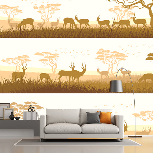 Savanna Goats Feeding Scene Mural Light-Yellow Tropical Wall Covering for Living Room Clearhalo 'Wall Decor' 'Wall Mural' 1508736