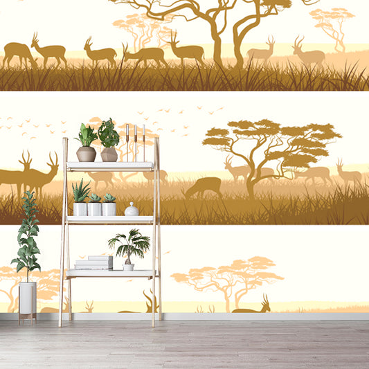 Savanna Goats Feeding Scene Mural Light-Yellow Tropical Wall Covering for Living Room Clearhalo 'Wall Decor' 'Wall Mural' 1508737