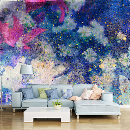 Magic Daisy Wall Paper Mural for Girls Room Watercolor Wall Art in Blue, Made to Measure Blue Clearhalo 'Wall Decor' 'Wall Mural' 1508815
