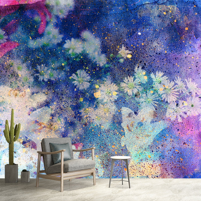 Magic Daisy Wall Paper Mural for Girls Room Watercolor Wall Art in Blue, Made to Measure Clearhalo 'Wall Decor' 'Wall Mural' 1508816