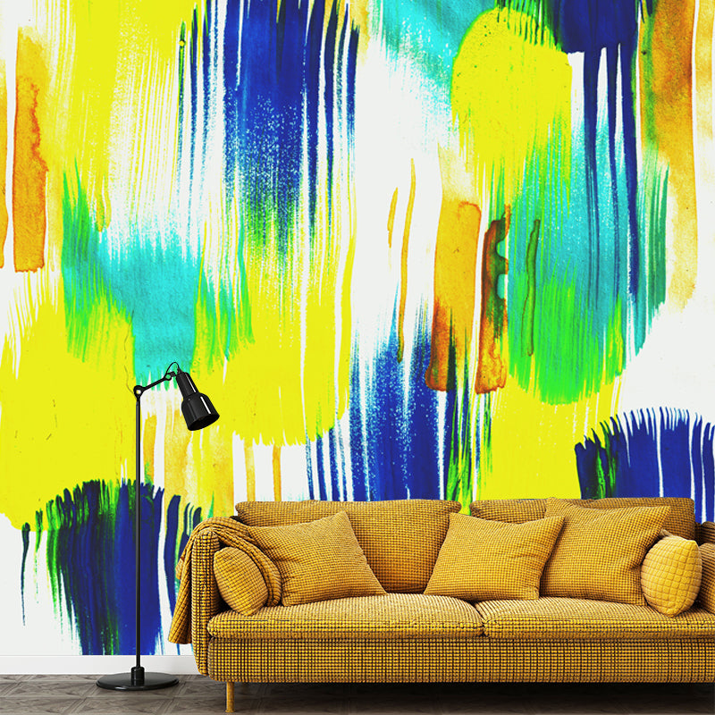 Yellow-Blue Brush Stroke Mural Decal Watercolor Modern Washable Wall Art for Living Room Yellow Clearhalo 'Wall Decor' 'Wall Mural' 1508845