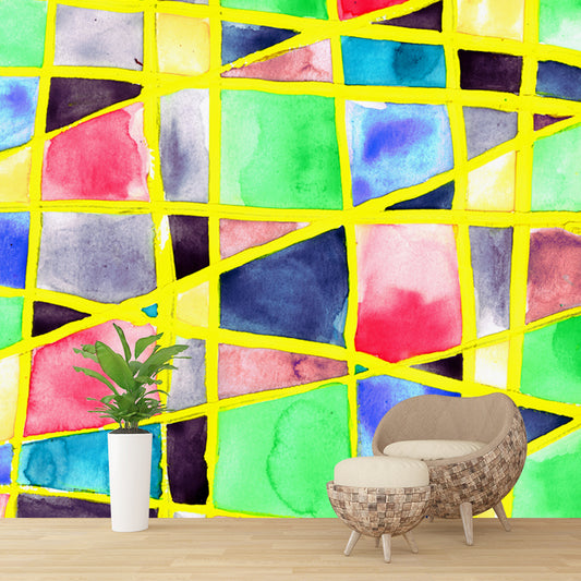 Artistic Geometric Watercolor Mural Green Moisture Resistant Wall Decor for Bedroom