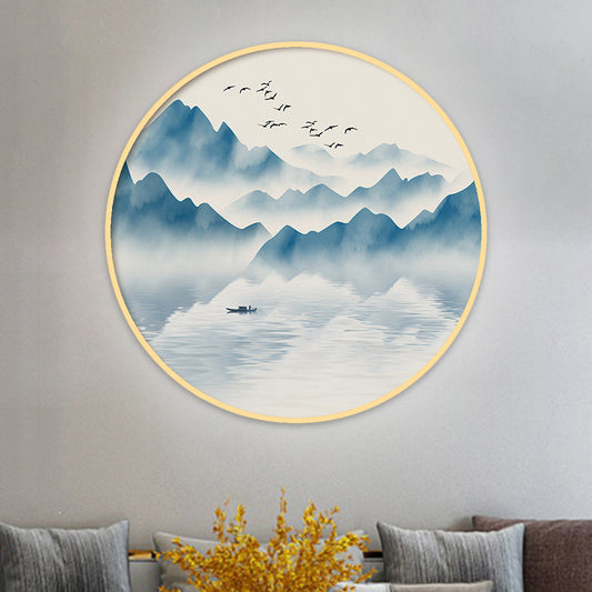 Round Acrylic Wall Sconce Light Asian Grey/Blue Mountain River LED Mural Lighting in Warm/White Light Clearhalo 'Wall Lamps & Sconces' 'Wall Lights' Lighting' 1508916