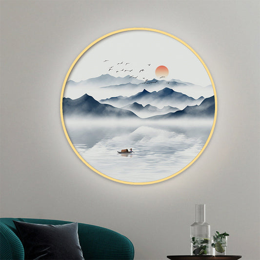 Round Acrylic Wall Sconce Light Asian Grey/Blue Mountain River LED Mural Lighting in Warm/White Light Clearhalo 'Wall Lamps & Sconces' 'Wall Lights' Lighting' 1508921