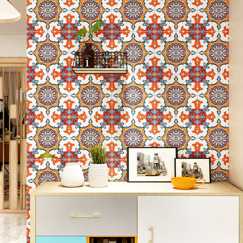 Ethnic Floral Pattern Stick Wallpaper Panels for Kitchen, Bright Color, 3.5' L x 23.5" W Orange Clearhalo 'Wall Decor' 'Wallpaper' 1508928
