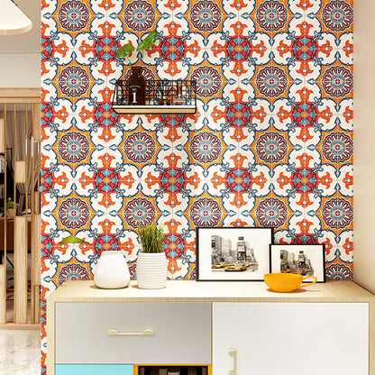 Ethnic Floral Pattern Stick Wallpaper Panels for Kitchen, Bright Color, 3.5' L x 23.5" W Orange Clearhalo 'Wall Decor' 'Wallpaper' 1508928