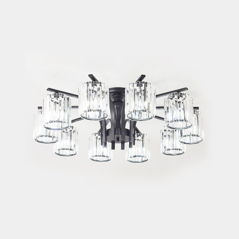 Cylinder Semi Flush Mount Light with Crystal Shade Nordic Metal 6/8/10 Lights Black Ceiling Mounted Fixture Clearhalo 'Ceiling Lights' 'Close To Ceiling Lights' 'Close to ceiling' 'Semi-flushmount' Lighting' 150893
