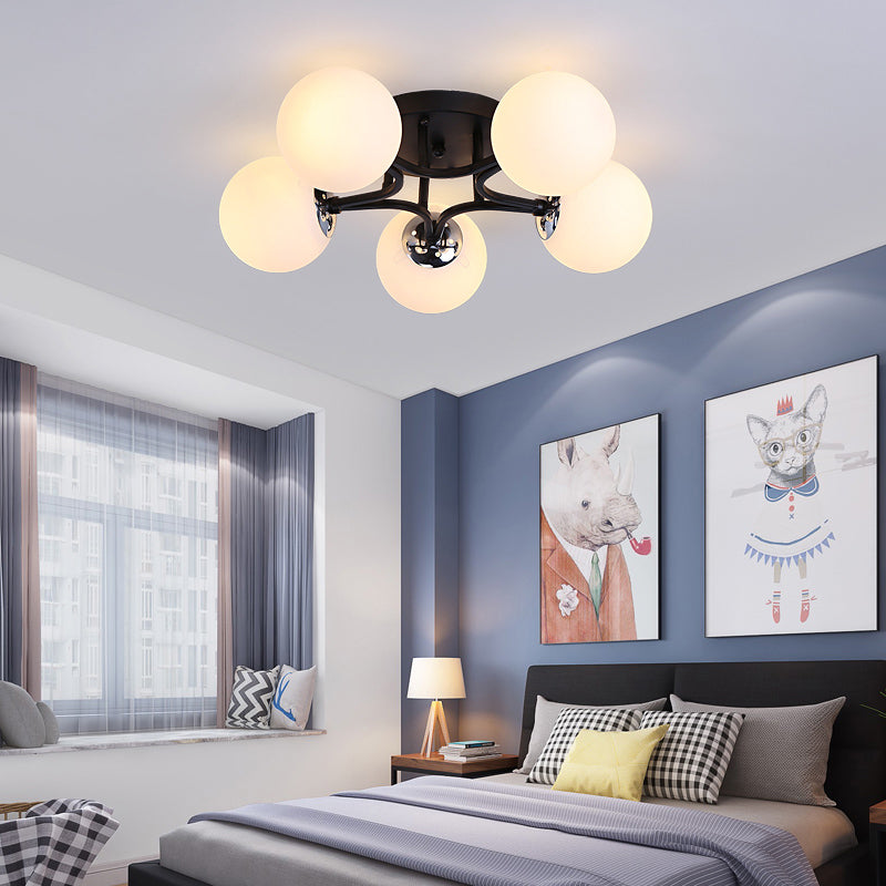 White/Black Globe Glass Shade Semi Flush Mount Light Fixture Nordic Metal 3/5/9 Lights Ceiling Flush Mount for Living Room Clearhalo 'Ceiling Lights' 'Close To Ceiling Lights' 'Close to ceiling' 'Semi-flushmount' Lighting' 150962