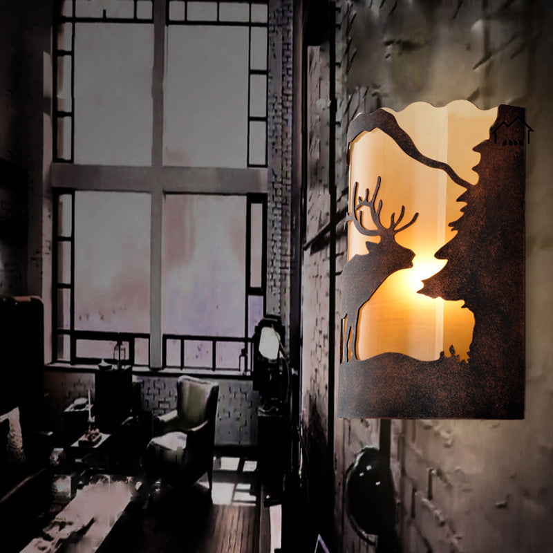 Rust One Light Sconce Light Retro Metal Half Cylinder Lighting Fixture with Tree/Elk Pattern Clearhalo 'Art deco wall lights' 'Cast Iron' 'Glass' 'Industrial wall lights' 'Industrial' 'Middle century wall lights' 'Modern' 'Rustic wall lights' 'Tiffany' 'Traditional wall lights' 'Wall Lamps & Sconces' 'Wall Lights' Lighting' 151106