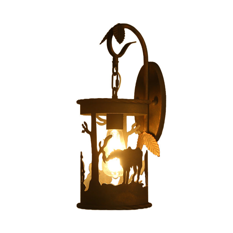 1 Bulb Cylinder Wall Mounted Light Industrial Rust Metal Lighting with Leaf and Horse Pattern Clearhalo 'Art deco wall lights' 'Cast Iron' 'Glass' 'Industrial wall lights' 'Industrial' 'Middle century wall lights' 'Modern' 'Rustic wall lights' 'Tiffany' 'Traditional wall lights' 'Wall Lamps & Sconces' 'Wall Lights' Lighting' 151112