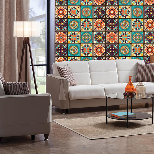 Ethnic Fleur De Lis Wallpaper Panels for Living Room, Orange-Green, 8' L x 8" W, Stick On Clearhalo 'Wall Decor' 'Wallpaper' 1511988