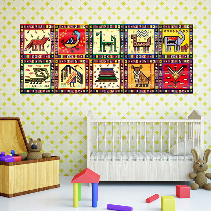 Kids Tribal Pattern Animal Wallpapers Red-Yellow-Green Stick On Wall Art for Baby Room Clearhalo 'Wall Decor' 'Wallpaper' 1512196