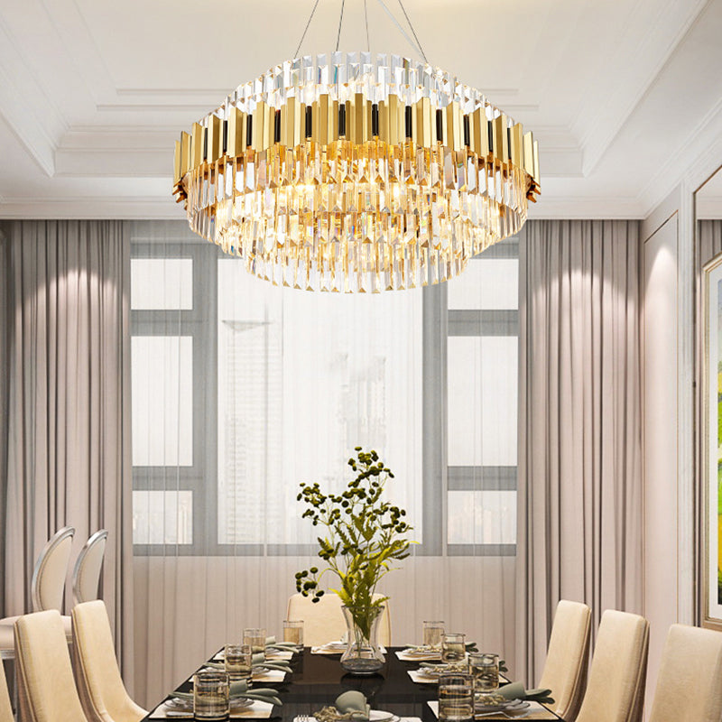 Layered Pendant Light Dining Room Multi Light Vintage Metal Chandelier Light with Faceted Crystal in Gold Gold Clearhalo 'Ceiling Lights' 'Chandeliers' 'Modern Chandeliers' 'Modern' Lighting' 151255