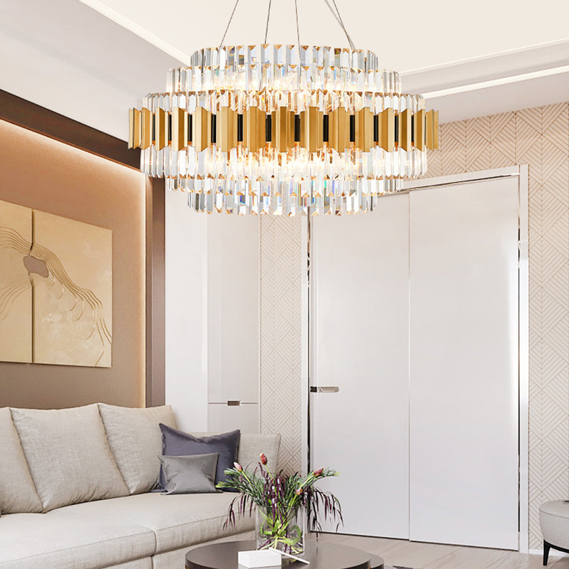 Layered Pendant Light Dining Room Multi Light Vintage Metal Chandelier Light with Faceted Crystal in Gold Clearhalo 'Ceiling Lights' 'Chandeliers' 'Modern Chandeliers' 'Modern' Lighting' 151257