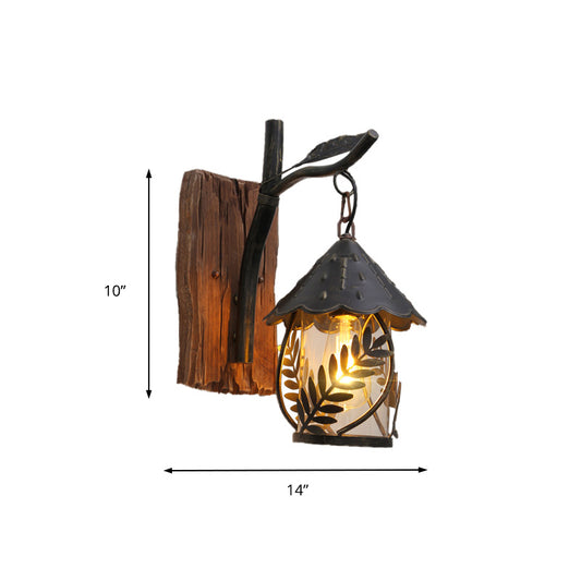 One Bulb Wall Light with Cylindrical Shade Clear Glass Industrial Living Room Sconce with Leaf Branch in Black Clearhalo 'Art deco wall lights' 'Cast Iron' 'Glass' 'Industrial wall lights' 'Industrial' 'Middle century wall lights' 'Modern' 'Rustic wall lights' 'Tiffany' 'Traditional wall lights' 'Wall Lamps & Sconces' 'Wall Lights' Lighting' 151298