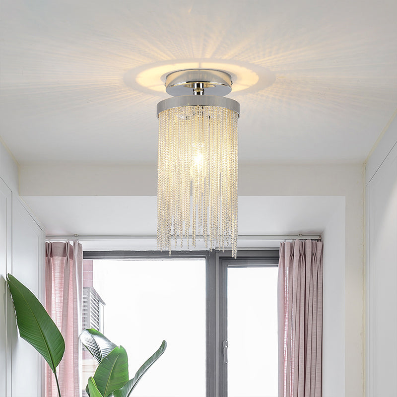 Gold/Chrome/Blue Metal Chain Semi Flush Mount Lamp Modern 1 Light Living Room Ceiling Mounted Fixture Chrome Clearhalo 'Ceiling Lights' 'Close To Ceiling Lights' 'Close to ceiling' 'Glass shade' 'Glass' 'Island Lights' 'Semi-flushmount' Lighting' 151347