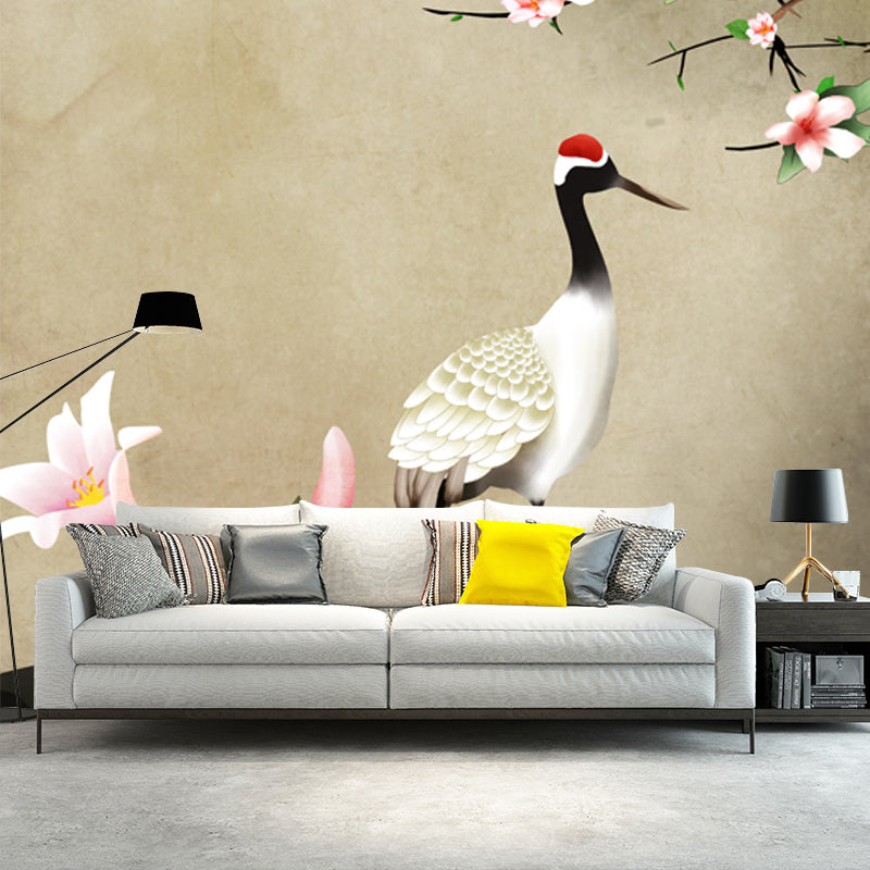 Light Brown Chinese Wallpaper Mural Whole Flower and Red-Crown Crane Wall Art for Home Light Brown Clearhalo 'Wall Decor' 'Wall Mural' 1513504