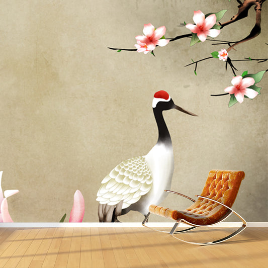 Light Brown Chinese Wallpaper Mural Whole Flower and Red-Crown Crane Wall Art for Home Clearhalo 'Wall Decor' 'Wall Mural' 1513505