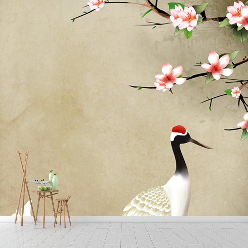 Light Brown Chinese Wallpaper Mural Whole Flower and Red-Crown Crane Wall Art for Home Clearhalo 'Wall Decor' 'Wall Mural' 1513506