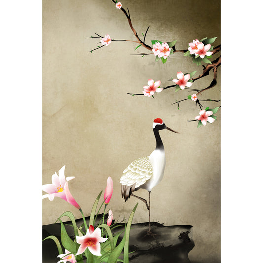 Light Brown Chinese Wallpaper Mural Whole Flower and Red-Crown Crane Wall Art for Home Clearhalo 'Wall Decor' 'Wall Mural' 1513507