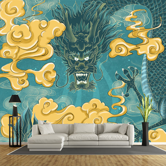 Aqua Dragon with Cloud Mural Decal Moisture Resistant Chinese Style Bedroom Wall Decor Clearhalo 'Wall Decor' 'Wall Mural' 1513518